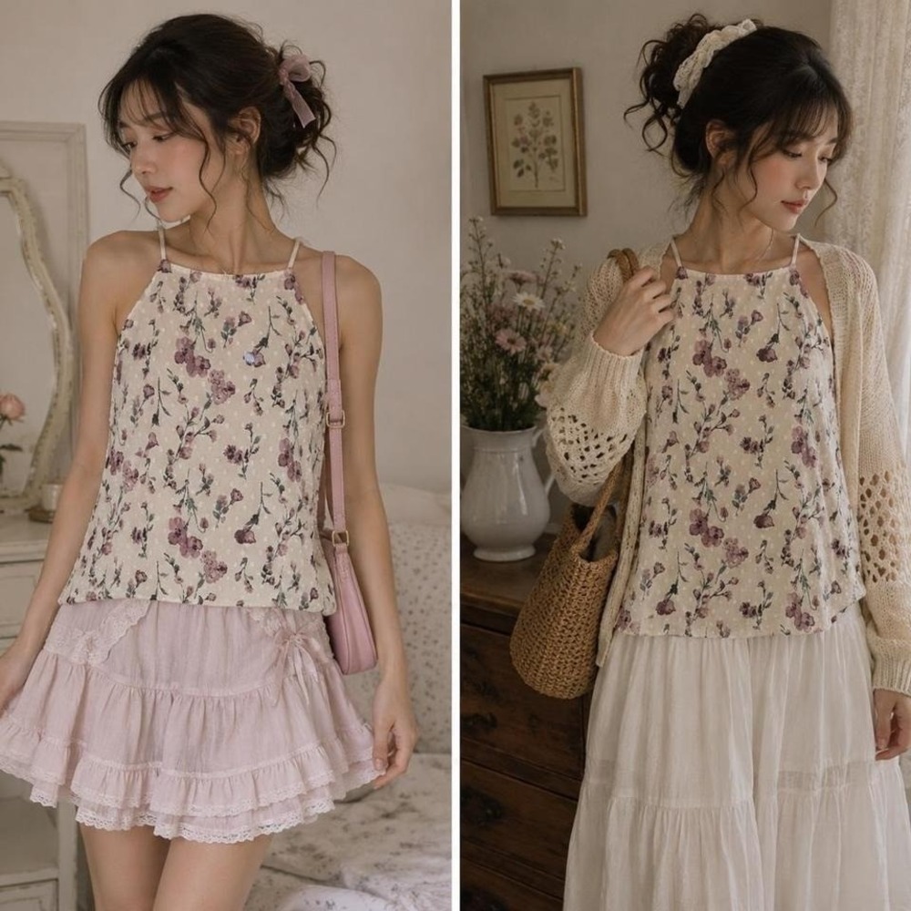 Alya Floral Swiss Dot Halter Tank‎ Top Sz S Cottagecore Coquette Romantic Boho